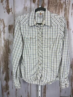 Carhartt Women’s Light Blue and Cream Plaid Button-Down Shirt. Size Medium.